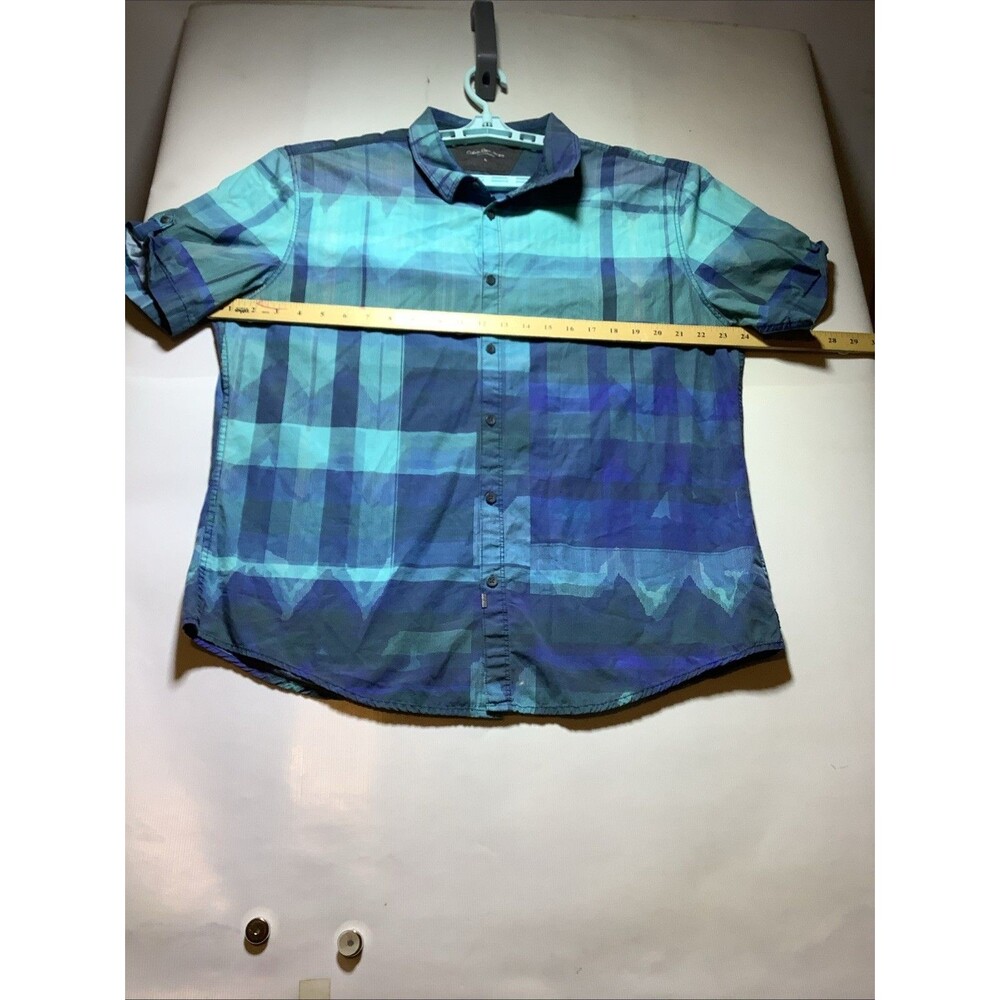 Men Calvin Klein XL SHORT SLEEVE PLAID BLUE Cotton  Button Up